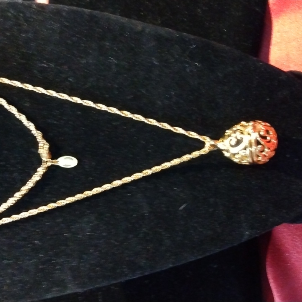 Vintage Gilded Filigree Caged Egg Pendant Necklace